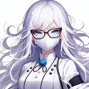 Anime Girl with White Hair and Stylish Glasses | White Attire & Mask