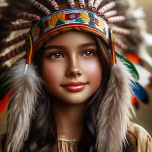 Indigenous Native American Girl with Colorful Feathers Headpiece