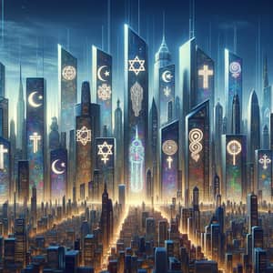Futuristic Cityscape with Diverse Religious Symbols | Unity & Diversity