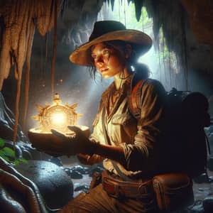 Hispanic Female Adventurer Unearths Glowing Sacred Relic in Limestone Cave