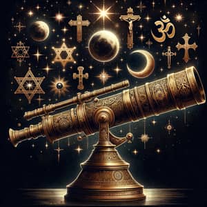 Unique Brass Telescope with Religious Symbols in Starry Night Sky