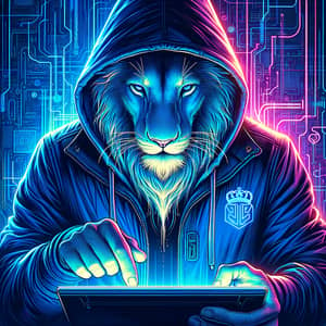 Cyberpunk Lion in Blue Hoodie | Digital Art