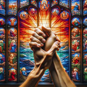 Vibrant Church Stained Glass Hands Prayer Art