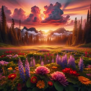 Majestic Sunset Scene: Diverse Wildflowers & Snow-Capped Peaks