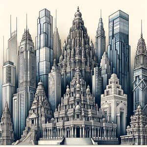 Cityscape Illustration: Diverse Skyscrapers Drawing Ancient Temple Design Inspirations