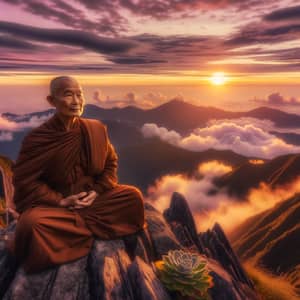 Serene Monk Meditating at Mountain Peak | Spiritual Tranquility