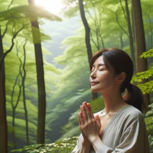 Chinese Woman Praying in Serene Forest - Spiritual Connection