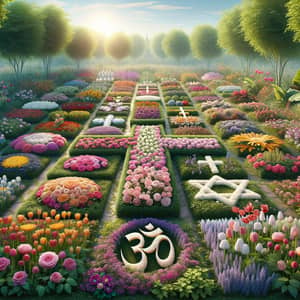 Lush Garden with Diverse Flowers and Religious Symbols