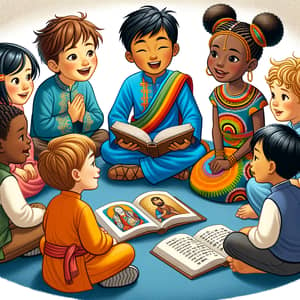 Diverse Kids Sharing Religious Stories | Cultural Illustration
