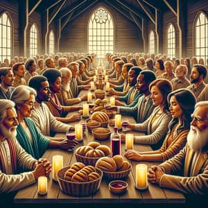 Diverse Community Sharing the Lord's Supper at Wooden Table