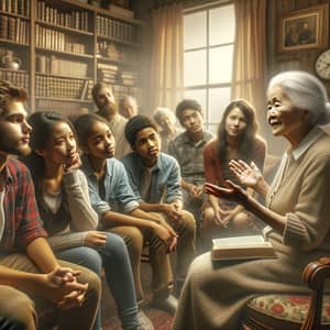 Elderly Asian Woman Sharing Biblical Teachings with Diverse Youth