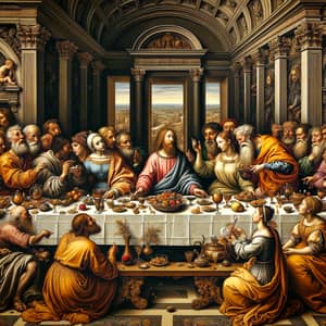 Renaissance-Inspired Oil Painting of A Diverse Group at a Baroque Feast