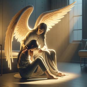 Glowing Angel Comforting Grieving Person in Contemporary Living Room