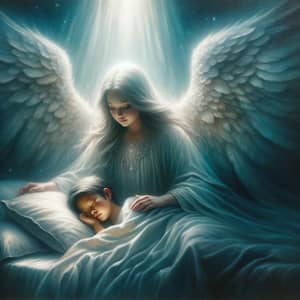 Guardian Angel Watching Over Sleeping Child - Serene Oil Painting