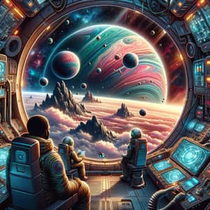 Diverse Astronauts Exploring Cosmos - Multicolored Planet Scene