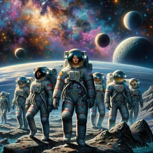 Grandeur of Space Exploration: Diverse Astronaut Crew on Alien Planet