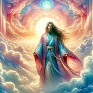 Heavenly Realms: Mystical Figure in Traditional Robes at Sunrise