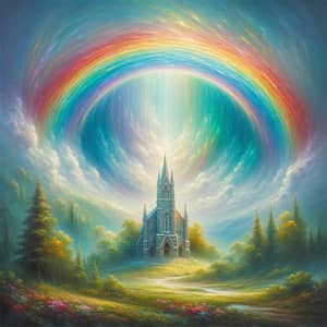 Ethereal Rainbow Over Old-World Church Art
