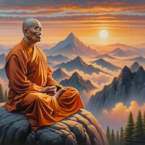 Elderly Asian Monk Meditating on Majestic Mountain | Peaceful Sunrise Scene