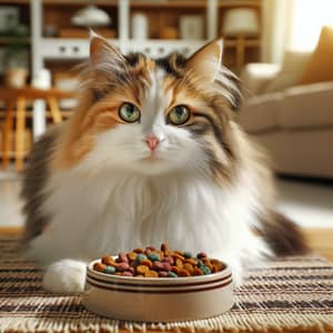 Calico Domestic Cat Enjoying a Meal - Cute and Colorful Scene