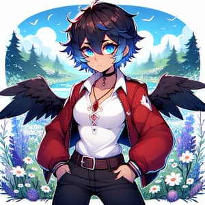 Anime-Style Teenage Character with Blue Hair and Wings in Meadow