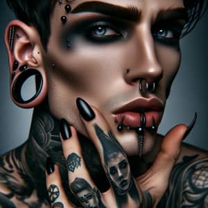 Expressive Gothic Bad Boy with Piercings, Tunnel Piercing, Tattoos, and Smokey Eyes
