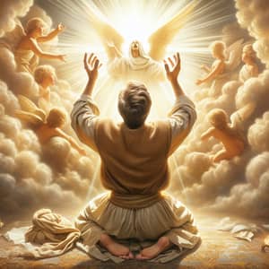 Divine Revelation: Humble Man in Prayer to Radiant God