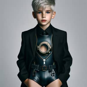 Caucasian Boy with White Hair in Black and Diving Suit