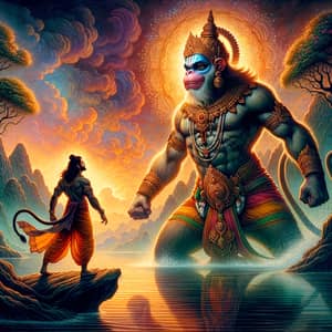 Lord Hanuman Defeats Lord Rama at Lake Sarayu - Mythical Watercolor Art