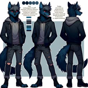 Stylish Masculine Wolf Character in Indigo Fur & Rebel Clothing