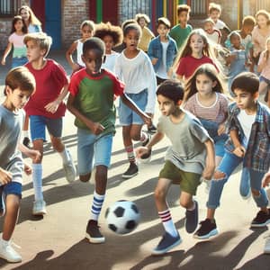 Diverse Group of Children Playing Football Outdoors