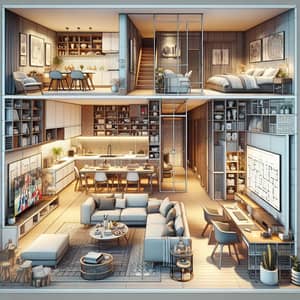 Modern Apartment Living Room Design: Entertainment, Dining, Kitchen, Study