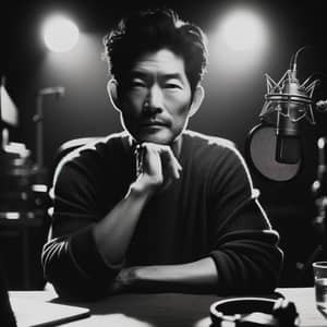 Asian Male Podcast Host in Vintage Black and White Studio | Creative Process