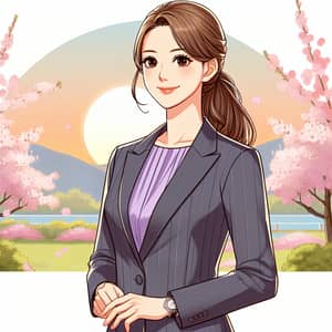 Professional Asian Woman in Lavender Blouse Among Cherry Blossom Trees