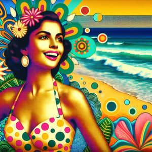 Hispanic Woman in Polka-dot Bikini on Tropical Beach