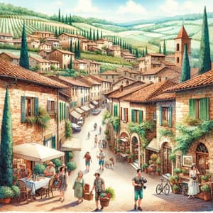 Enchanting Watercolor Painting of Quaint Italian Town in Rolling Countryside