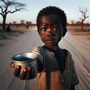 Hopeful Black Boy Seeking Water in Arid Region