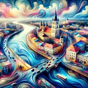 Kaunas Cityscape: Watercolor Painting of Landmarks & River Confluence