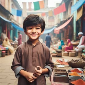 Playful East Asian Boy in Traditional Indian Setting