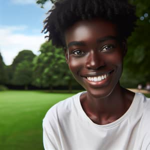 Energetic Black Person Smiling in Urban Park | Website Name