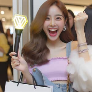 Fashionable Asian College Student Excitedly Buys Kpop Lightstick