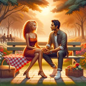Romantic Park Scene: Couple Enjoying Sunset on Bench