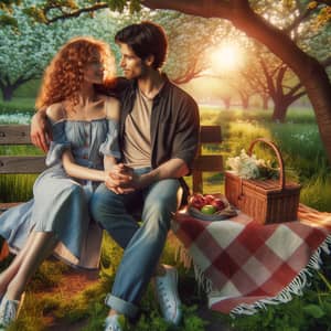 Romantic Scene with Couple on Park Bench at Sunset