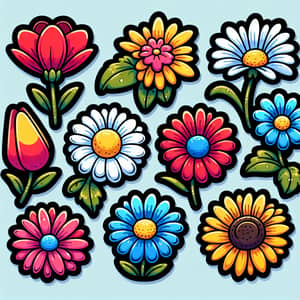 Colourful Cartoon-Style Flowers: Tulips, Daisies, Sunflowers