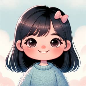 Young East Asian Girl in Sky-Blue Sweater with Pink Bow