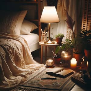 Cosy Bedroom Ambiance with Soft Glowing Lamp and Home Plants