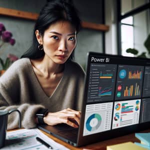Asian Woman Developing Power BI Dashboard | Modern Office Scene