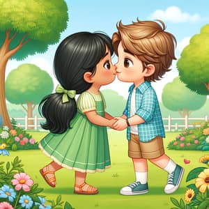 Multicultural Couple Kiss in Serene Park Setting
