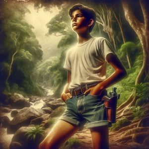 Hispanic Teenager in Lush Forest with Water Pistol | Adventure Artistry