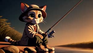 Adorable Humanoid Cat in Fisher Clothes Fishing | Cell Shading Style